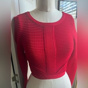 Bebe Red Knit Mesh Long Sleeve Crop Top with Zipper in Back, size S
